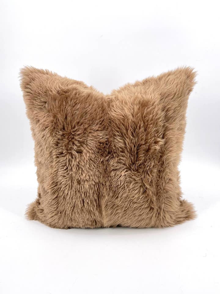 Walnut Brown Fluffy Square Sheepskin Pillow for wholesale by Tasha Tarno