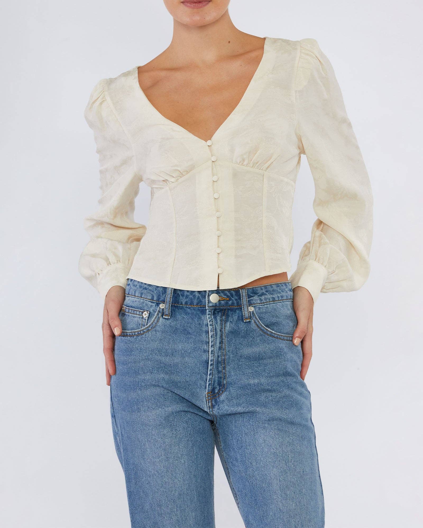 Loren Linen Jacquard V-Neck Top - Crema for wholesale on Faire