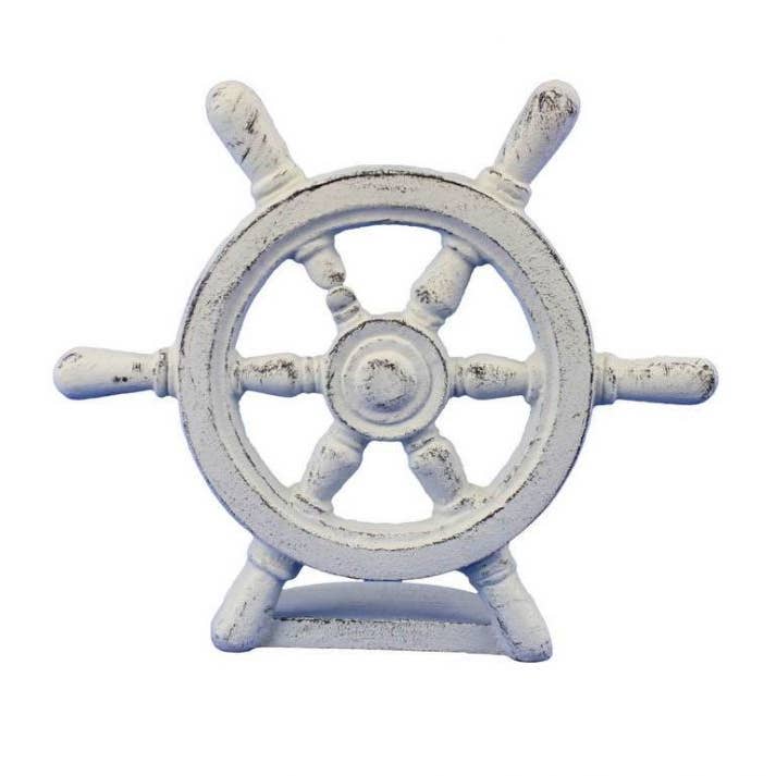 Whitewashed Cast Iron Ship Wheel Door Stopper 9" for wholesale by Hampton Ironworks