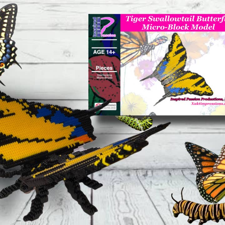 Tiger Swallowtail Micro-Block Brick-Modell, entworfen und verpackt in den USA für den Großhandel von Inspired Passion Productions,LLC