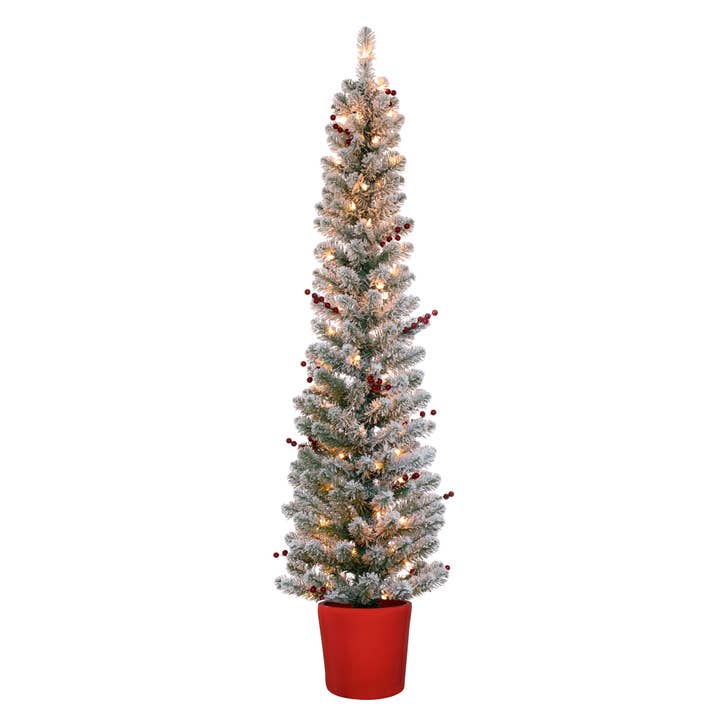 5 Foot Pre-lit Flocked Berry Pencil Potted Tree for wholesale by Haute Decor