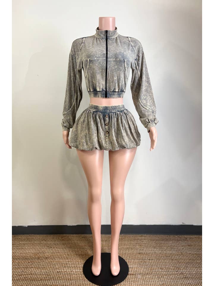 Dalia Studio – wholesale Top & skirt set – Women's – MINERAL WASH ZIP-UP JACKET & BUBBLE SKIRT SET1