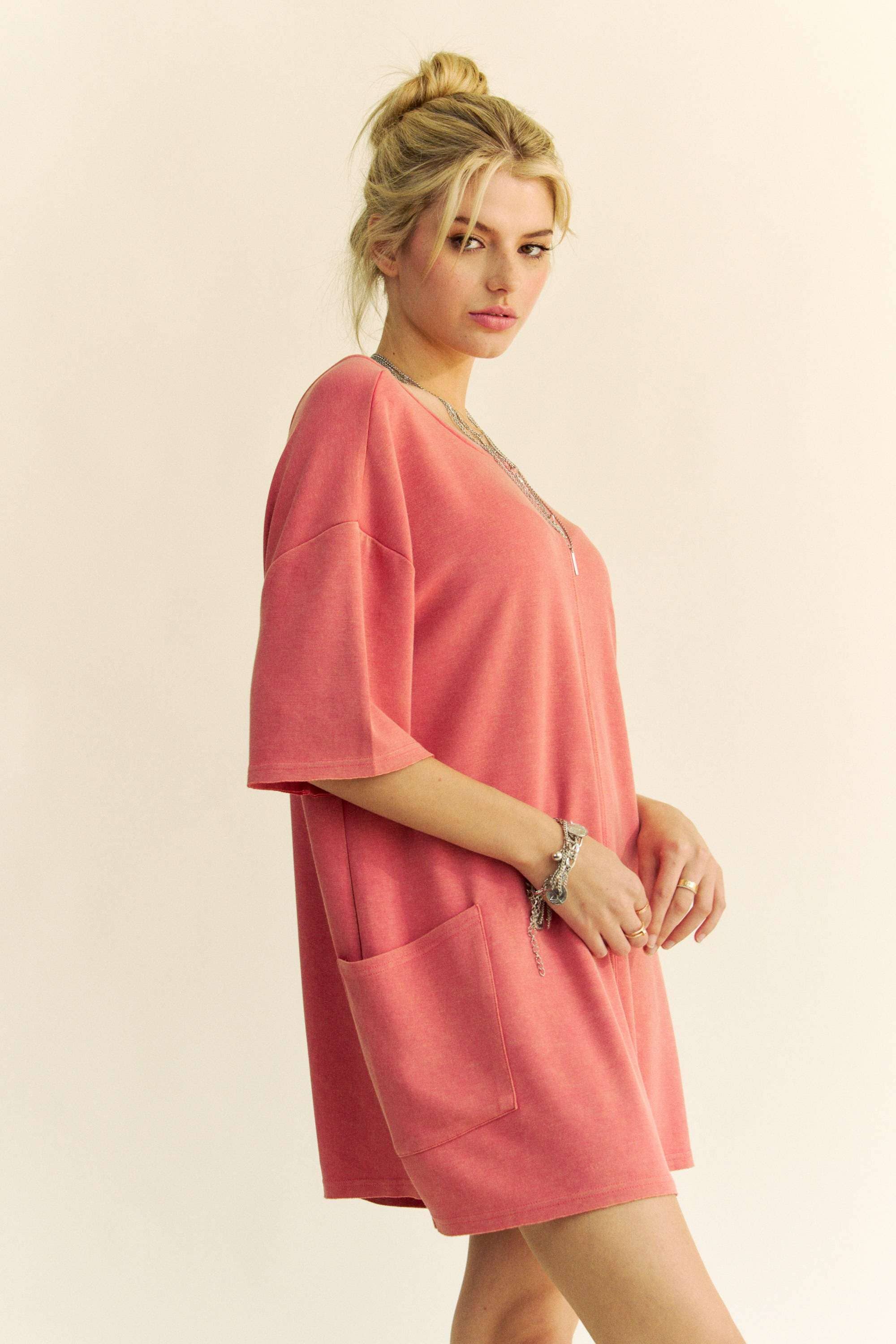 Davi & Dani – wholesale Romper – Women's – SOLID MINERAL-WASHED BACK PATCHED POCKET ROMPER2