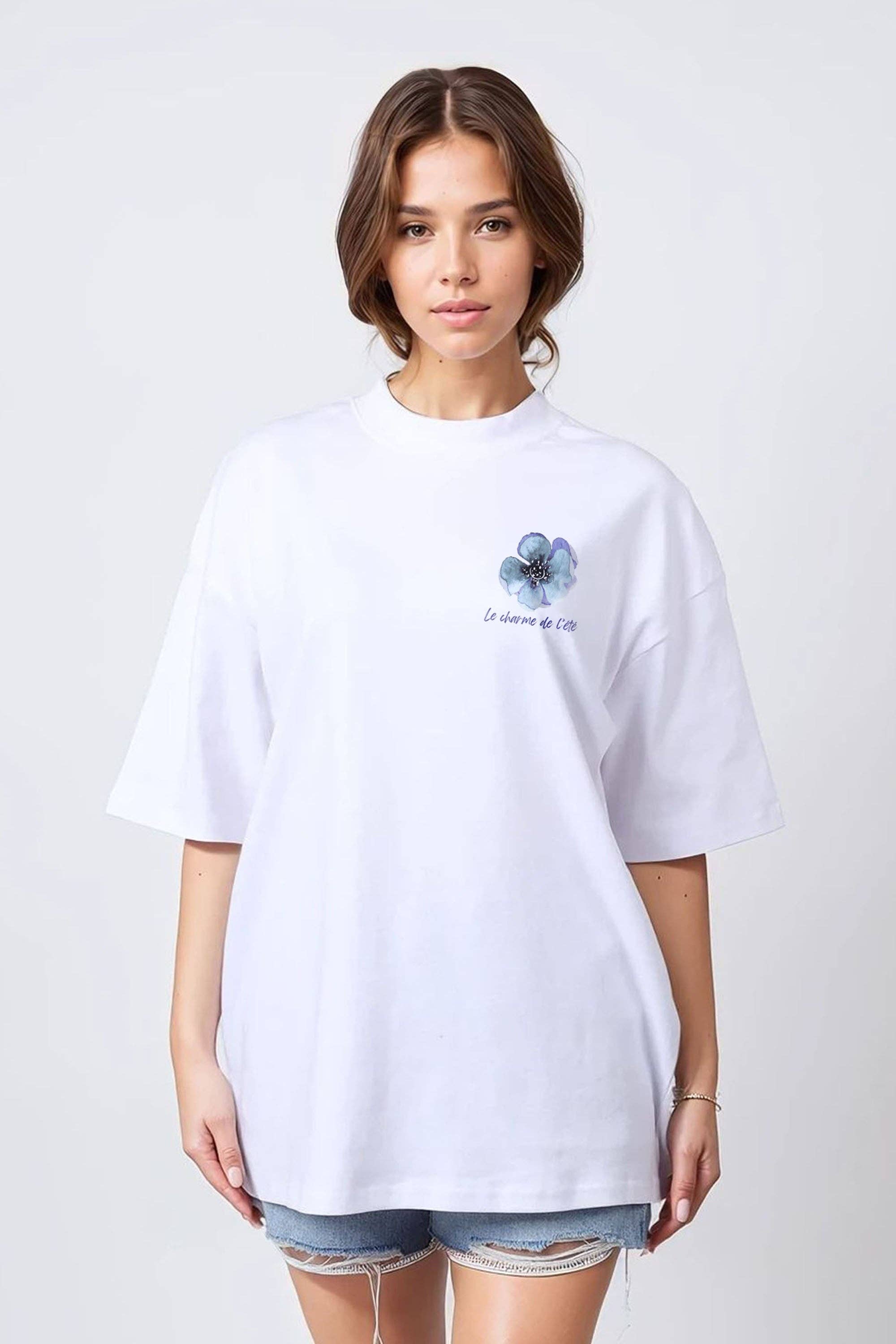 White Women 150GSM Oversized T-Shirt in Le Charm De Floral Print for wholesale on Faire4