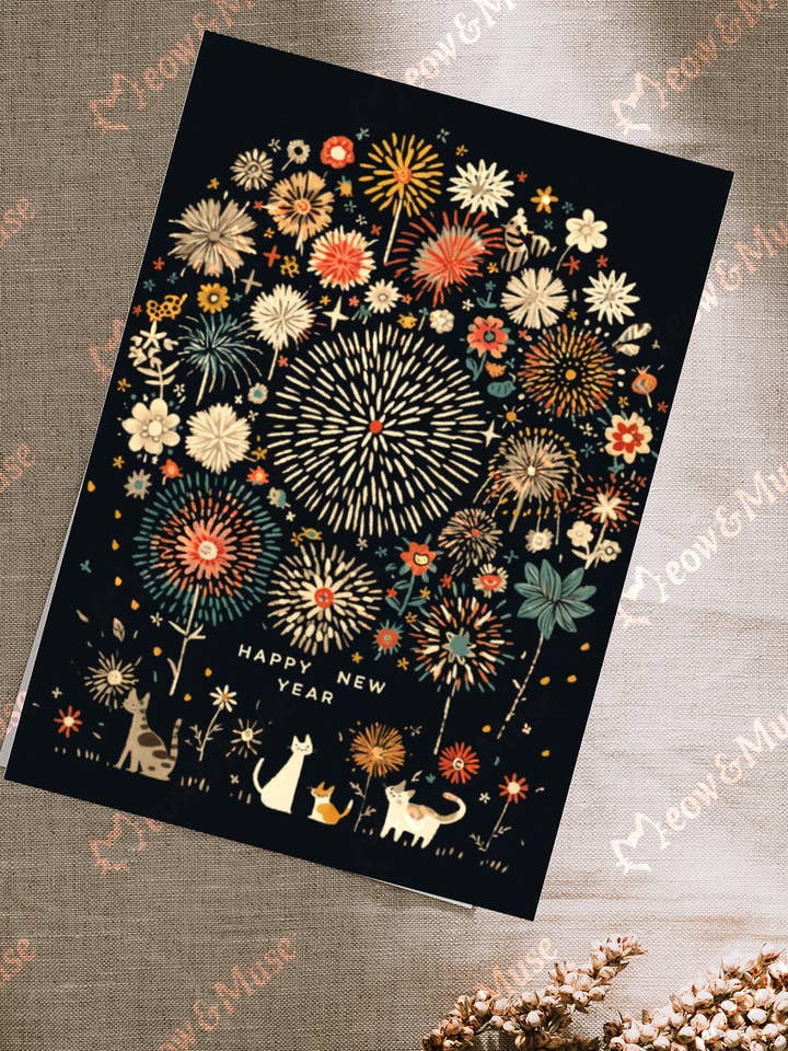 Postcard 'Cats and Blossoms of the New Year VIII' for wholesale by Meow & Muse