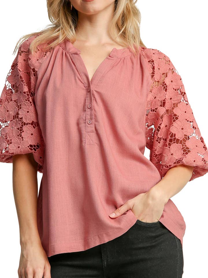 Linen Boxy Cut Split Neck Top With Floral Lace Sleeves for wholesale by Vanilla Monkey