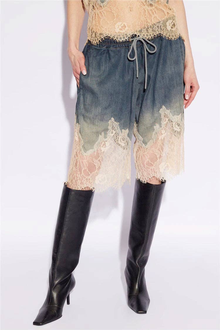Sanyao Fashion - Wholesale Top & Short Set (NOT Loungewear) - Women's - M37 Lace-Stitched Denim Two-Piece with Suspender Shorts15