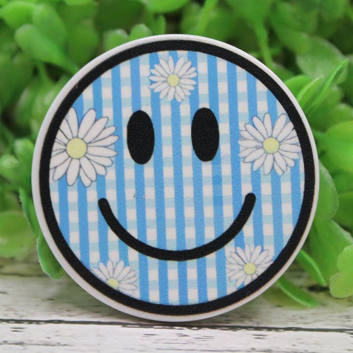 Blue Gingham Daisy Smiley Phone Grip / Stand for wholesale by Hylidae Boutique