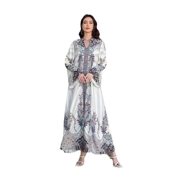 WHITE Stand Collar Print Crystal Beaded Abaya Dress for wholesale on Faire4