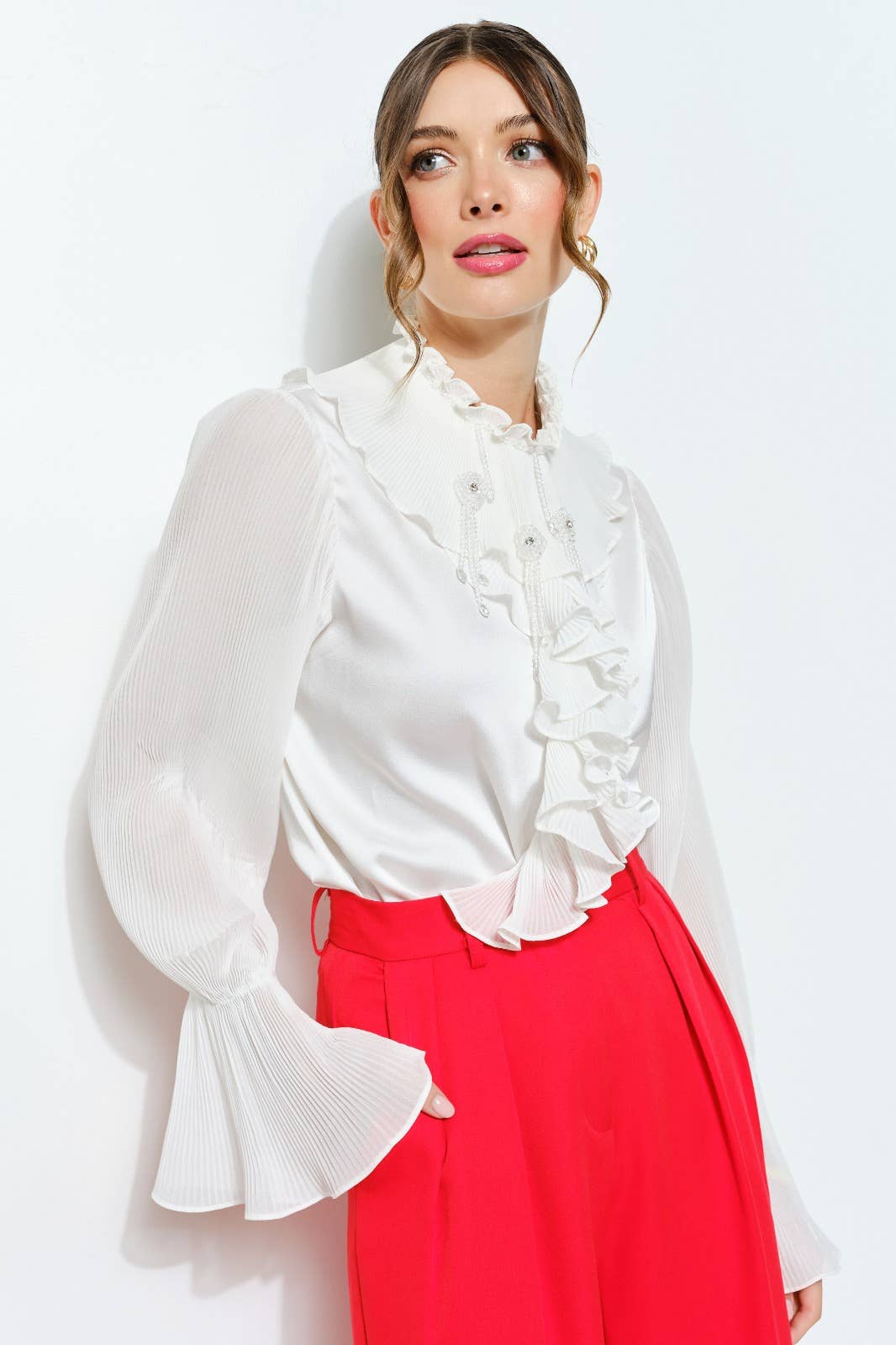 INA - Wholesale Blouse - Women's - Romantic Princess Pleated Satin Ruffled Blouse Top9