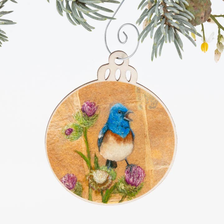 Lazuli Bunting Ornament | Christmas Ornament | Bird Ornament | Wooden Ornament | Bird Art | Bird Painting | Gift for Her | Nature Lover Gift for wholesale by Orphan Girl Fine Art