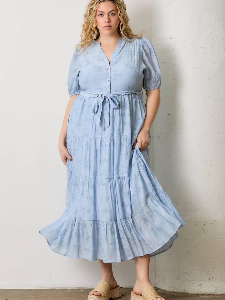 PRINTED BUTTON FRONT TIERED MIDI DRESS for wholesale by Polagram by Wellmade USA