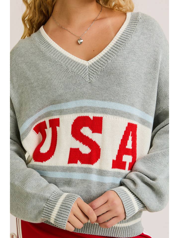 H GREY "USA" GRAPHIC LONG SLEEVE V-NECK SWEATER for wholesale on Faire