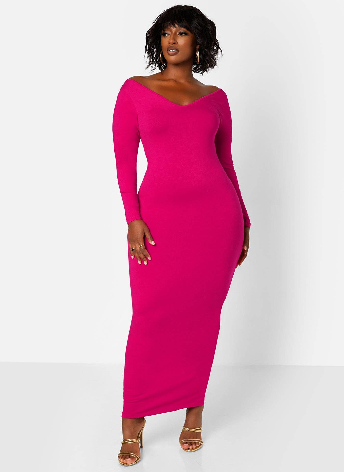 Essential Off The Shoulder Long Sleeve Maxi Bodycon Dress - Fuchsia for wholesale on Faire2