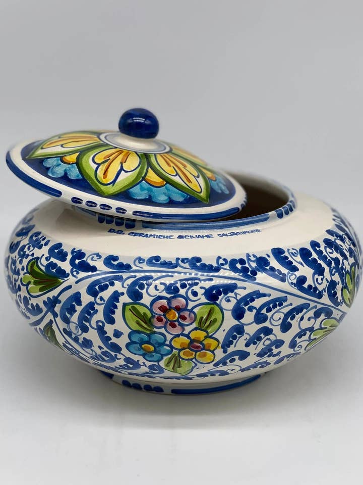Decorated Biscuit Jar '600 Flowers Caltagirone Ceramic cm H.18 L.24 Artisan for wholesale by DD Ceramiche Siciliane