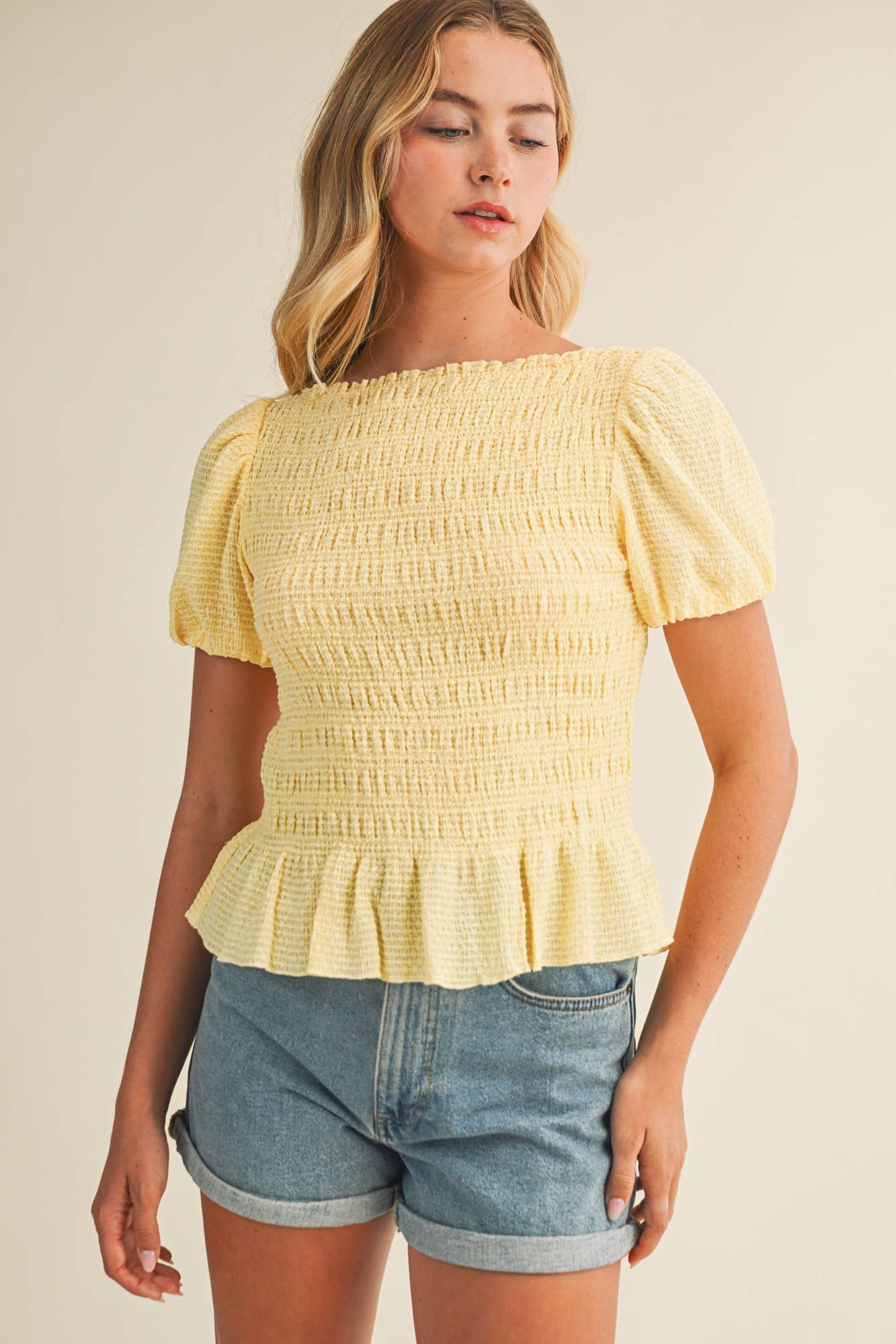 Mustard Seed - Wholesale Blouse - Women's - FLOCKED STRIPE SMOCKED PUFF SLEEVE TOP1