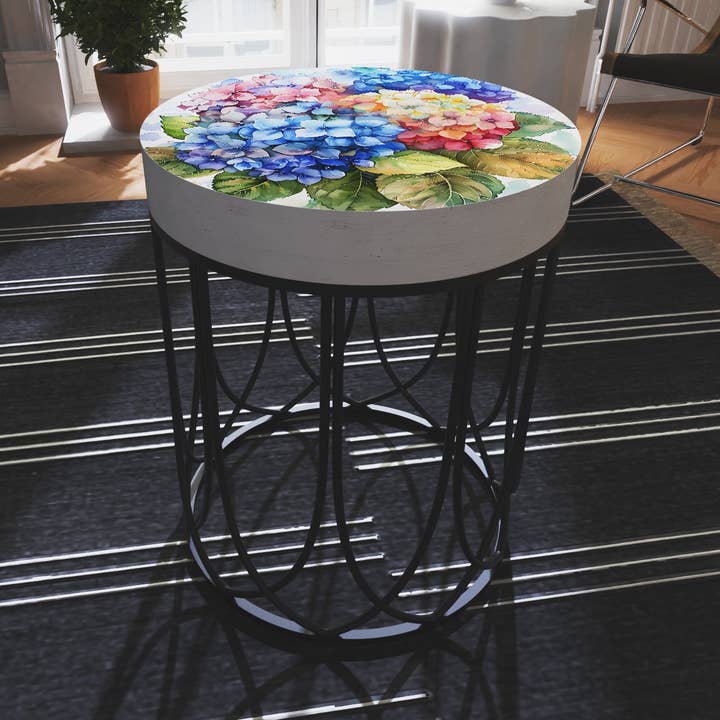 Forårs-Hortensia Akvarel Accentbord | UV Print Rundt Sidebord for engroshandel hos TX USA Corporation