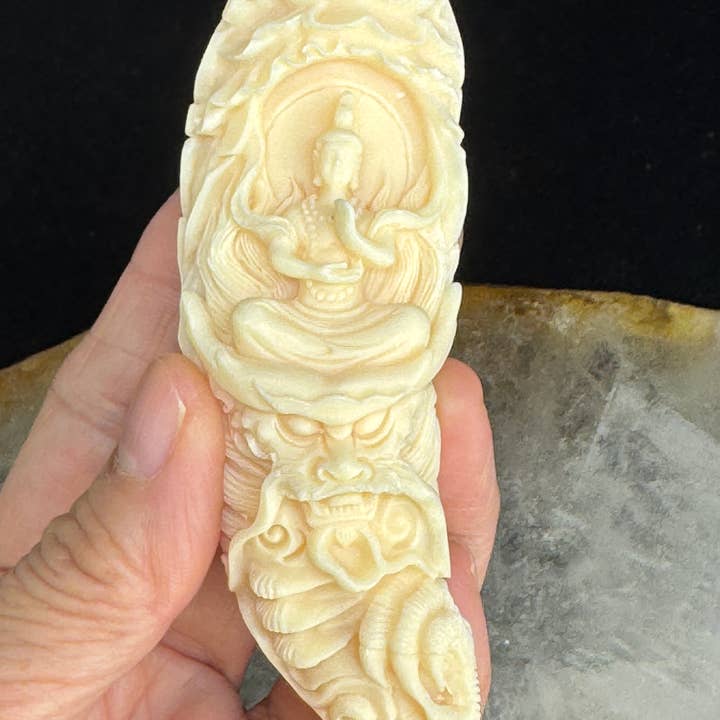 4.2" Palm nut Guan Yin on dragon elephant tusk charm FY91 for wholesale by The 7 Directions