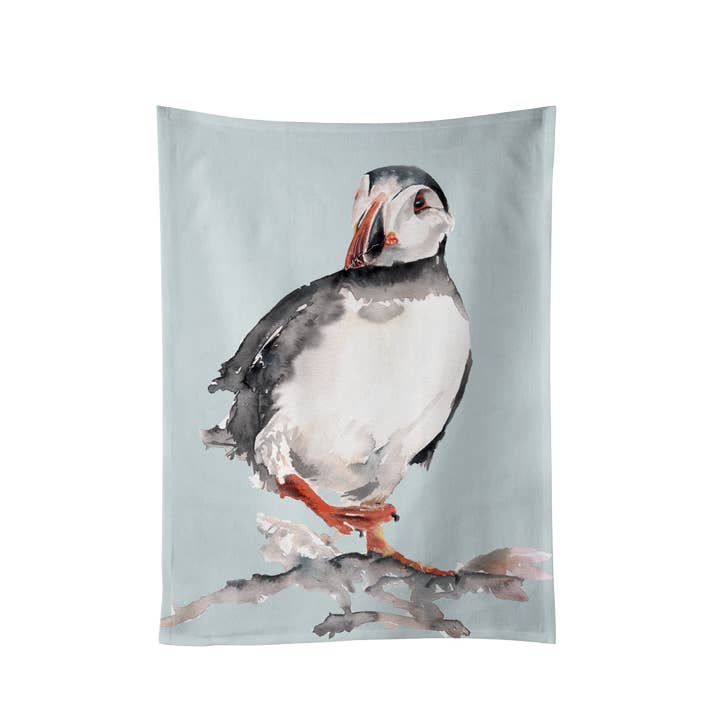 Puffin Tea Towel with Watercolour Design for wholesale by Meg Hawkins Art