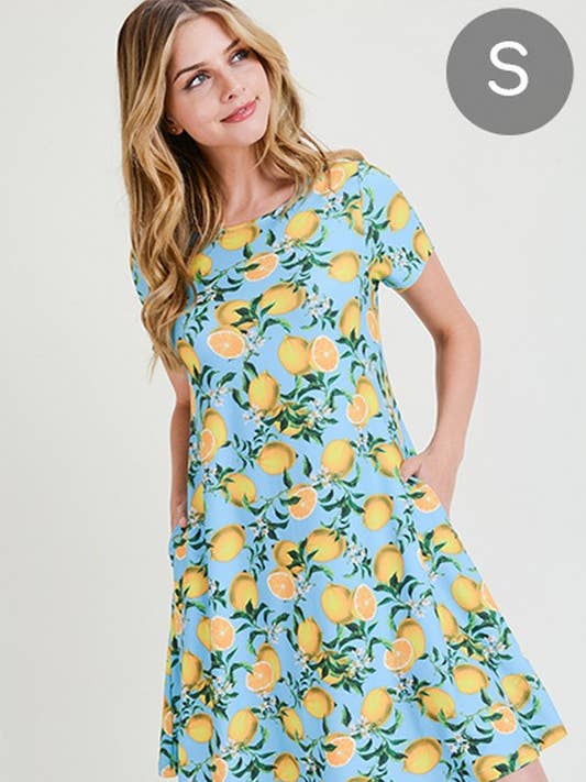 Vestido Evasê com Estampa de Limão por atacado de Yelete