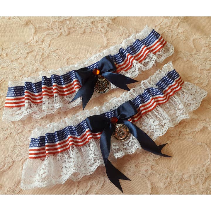 Patriotic Flag Wedding Garter Set with White Lace for wholesale by Bellarosa Garters