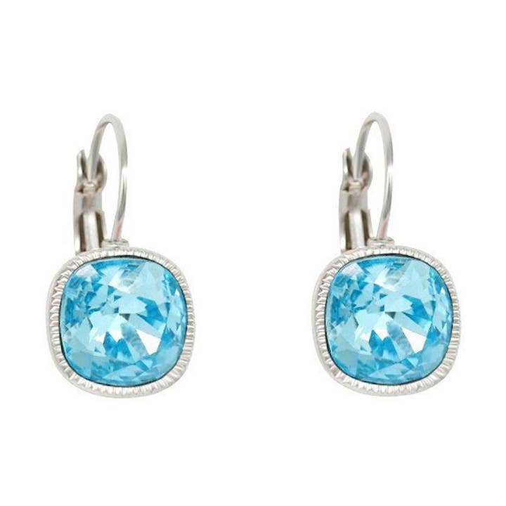 Bonita Bella Cushion Cut Aquamarine Blue Elements CZ White Gold Gold Drop/Dangle Earrings Wedding-Gift-Bridal Jewelry for wholesale by TiaraBleu