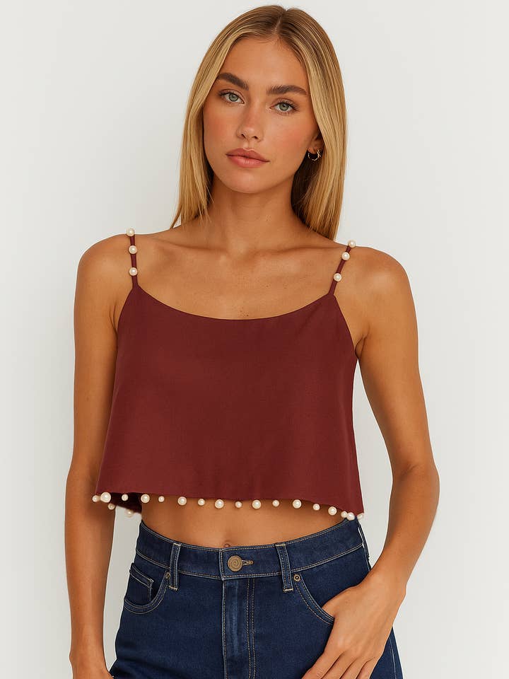 LT1312 Pearl-Trimmed Linen Blend Crop Top for wholesale by EB LUXE
