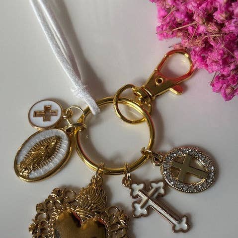 Miss DJ Angel - Wholesale Keychain - Women's - Virgin Mary keychain with sacred heart and cross, gift for virgin mother, miraculous medal virgin charm, ex-voto keychain