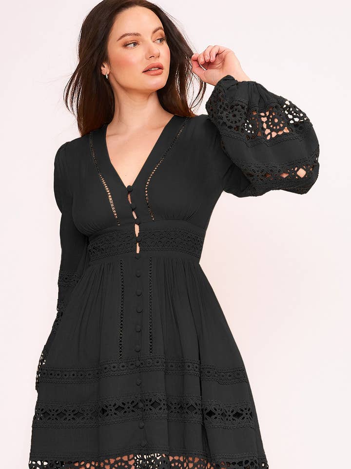 See Through Crochet Trim Button Down Mini Dress for wholesale by EB LUXE
