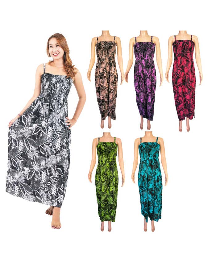 DK Hawaii - Wholesale Dress - Women's - Tropical Floral and Leaves Print Maxi Beach Dress0