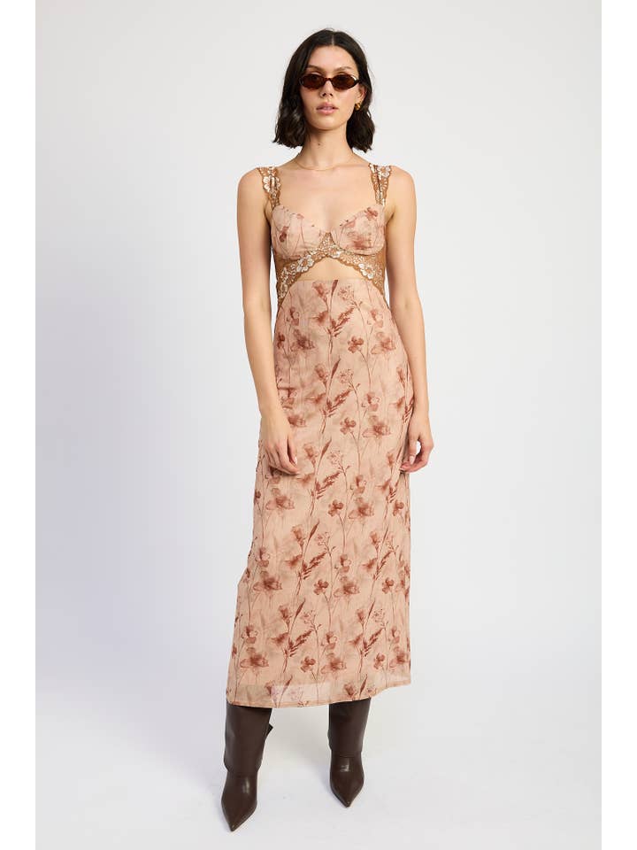 BROWN FLORAL LACE CONTRAST MAXI DRESS for wholesale on Faire