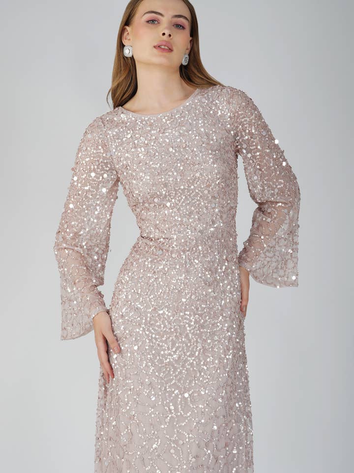 Vestido largo adornado de manga larga de Diane en visón para venta al por mayor de Lace & Beads