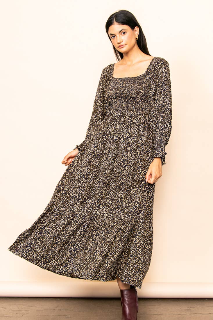 Elloh Collection - Wholesale Dress - Women's - Flowy Leopard Print Square Neck Smocked Maxi Dress w Pockets8