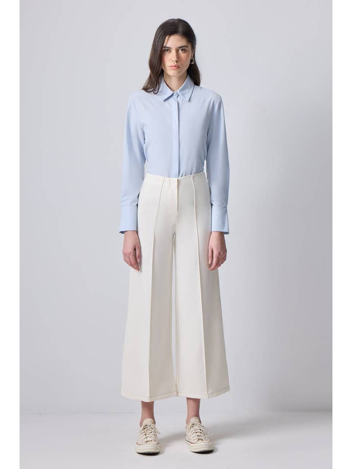 Ecru Wide-Leg Ribbed Crepe Trousers with Elastic Waist for wholesale on Faire