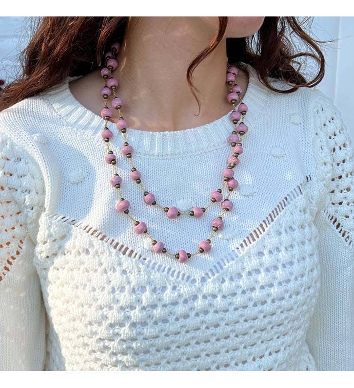 Global Crafts - Wholesale Beaded/Pearl Necklace - Haiti Clay Bead Long Necklace, Pink1
