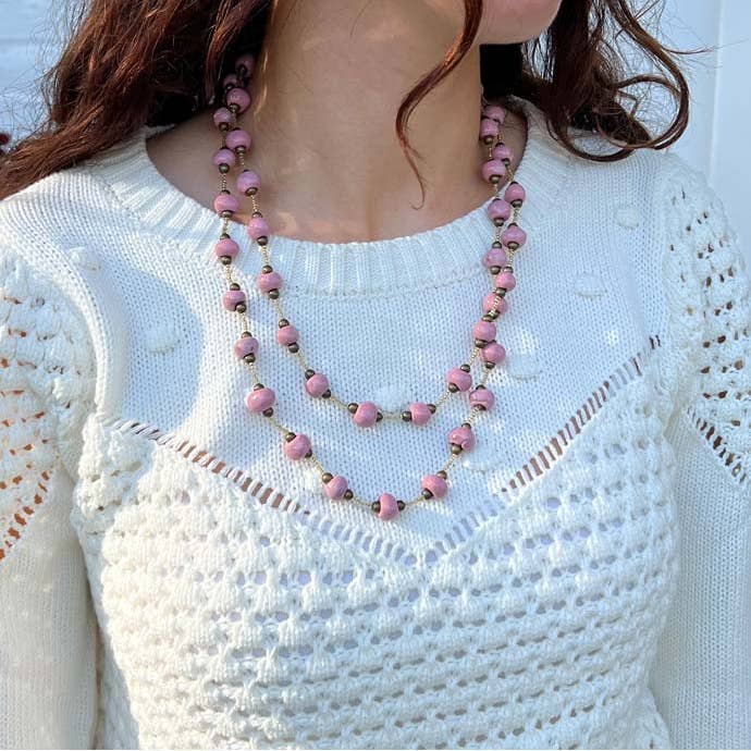 Global Crafts - Wholesale Beaded/Pearl Necklace - Haiti Clay Bead Long Necklace, Pink1
