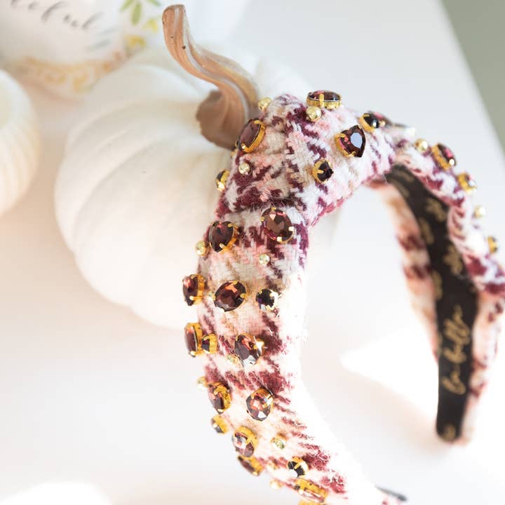 Mulled Wine Plaid Tweed Jeweled Headband for wholesale by La Bella