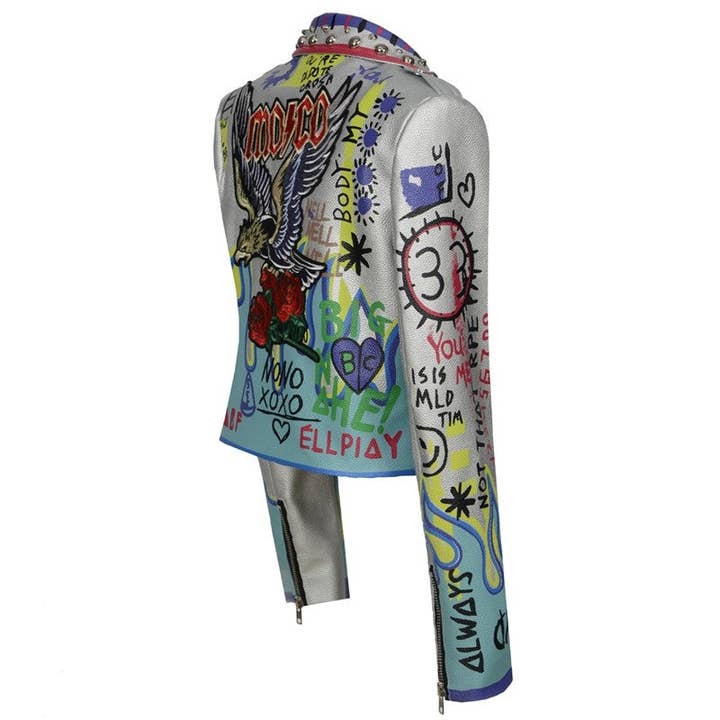SILVER Punk Fashion Graffiti Rivets Motorcycle Leather Jacket for wholesale on Faire