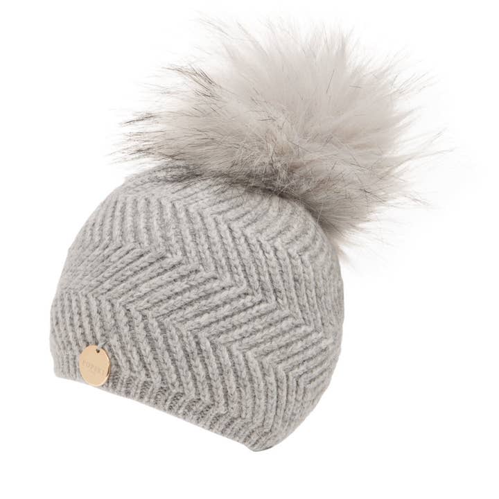 Baby Angora Patterned Whisper Grey Faux Fur Pom Pom Hat for wholesale on Faire