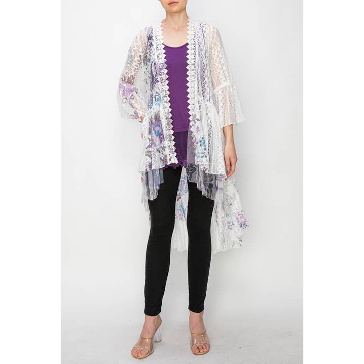 BOHEMISK HELSPETSLÅNG KOFTA MED HÖG-LÅG DESIGN-4508 IVORY/EMBO FL för wholesale av Origami Apparel ~ Lace and Crochet inspired