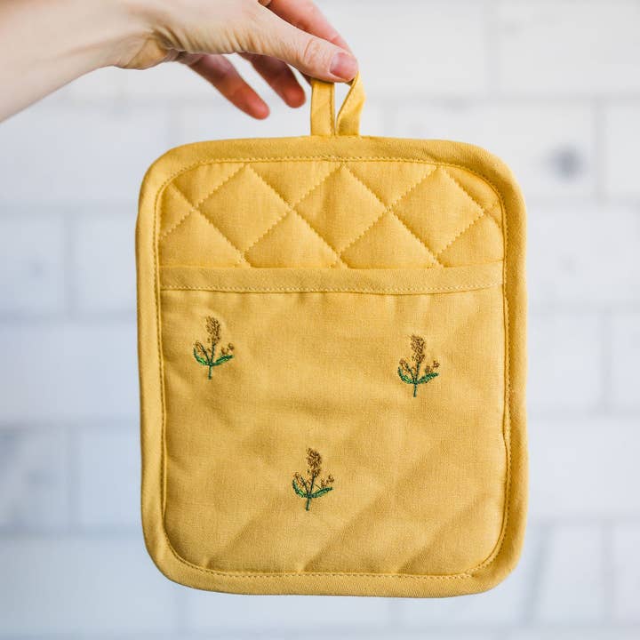 Yellow Embroidered Pot Holder for wholesale by Galley and Fen