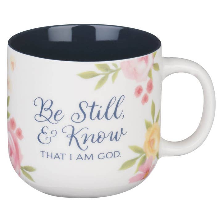 Mug Blanc/Marine Reste tranquille et sache Ps. 46:10 pour la vente par Christian Art Gifts