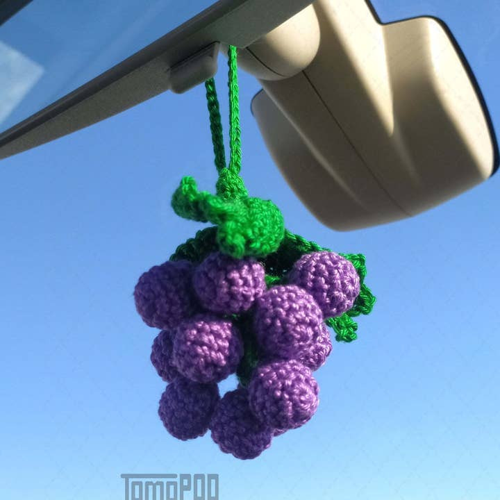 Crochet Grape Car Mirror Hanging, Handmade Fruit Car Decor for wholesale by TOMOPOD LLC