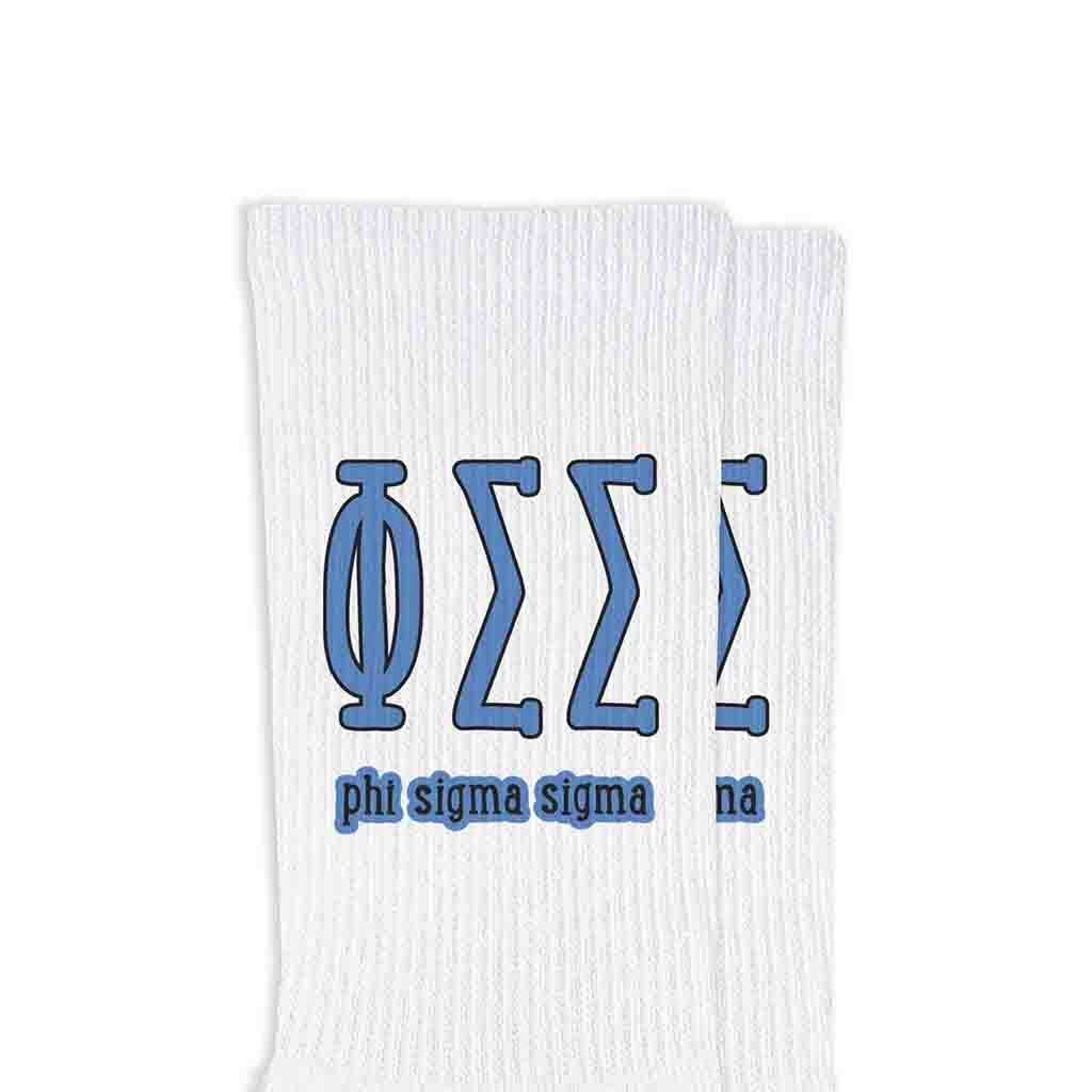 White Sorority Crew Socks with Name and Letters in Sorority Colors for wholesale on Faire19
