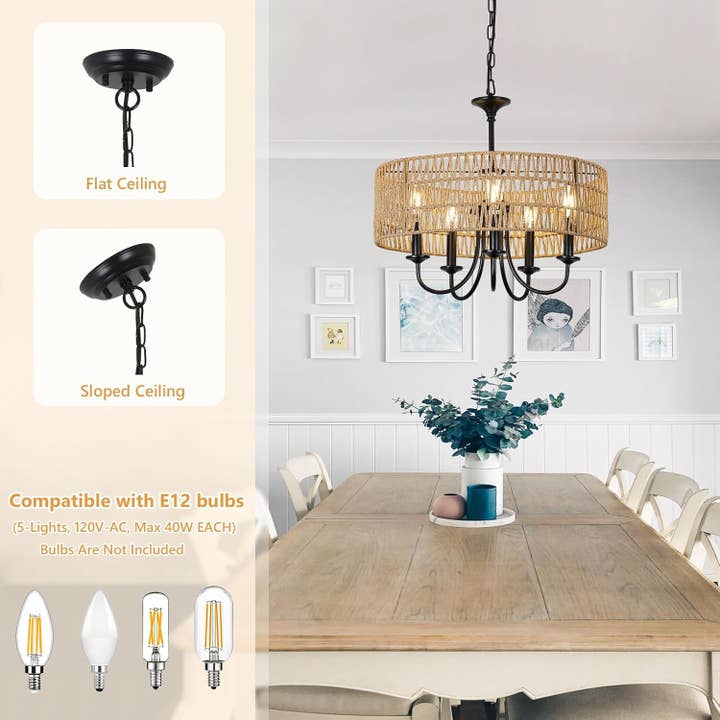 Modern Farmhouse Chandelier Light Fixtures, 5-Lights Large Rattan Pendant Lighting with Hand Woven Wicker Shade, Boho Black Chandeliers for Dining Room Living Room Kitchen Island Bedroom for wholesale on Faire