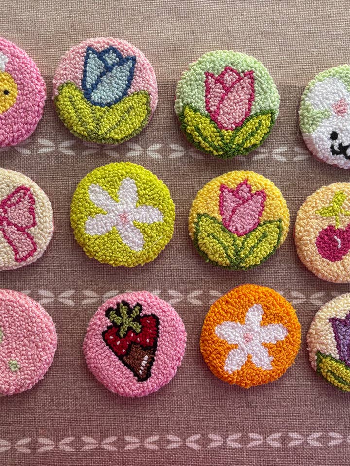 Punch needle car coasters, handmade tufted car accessories for wholesale by Honey Punches