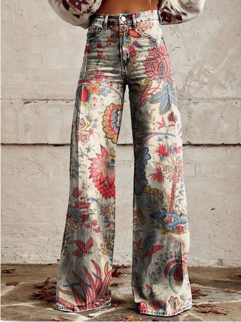 Tourtiwi - Wholesale Jeans - Women's - Imitation Jeans Wide Leg Pants 3D Printed Women's Pants