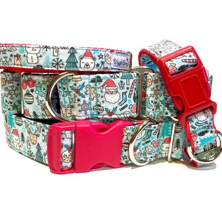 Christmas Doodle Teal Dog Collar for wholesale by Wiggle Bumz