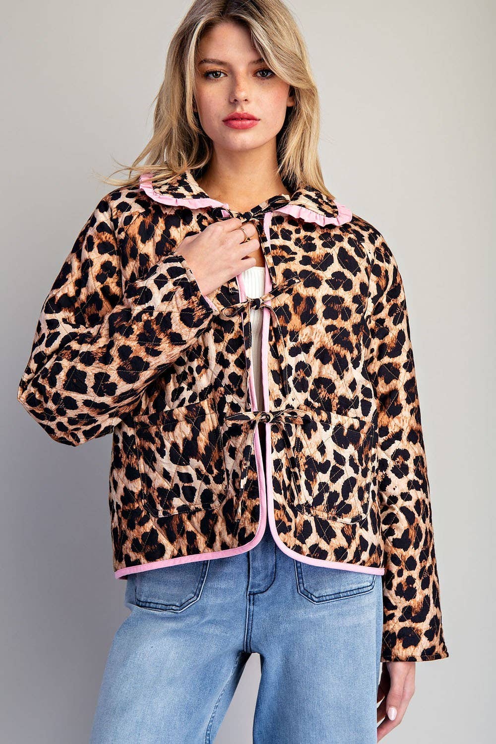 BROWN PL9358 - LEOPARD QUILTED PINK CONTRAST TIE FRONT JACKET for wholesale on Faire2