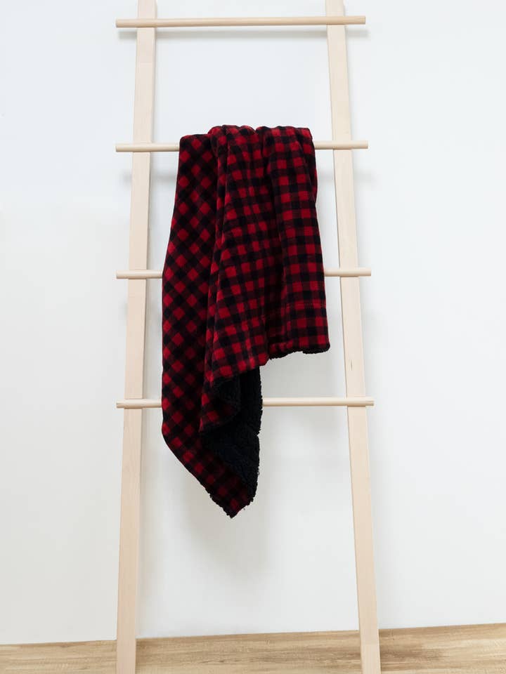 Red & Black Buffalo Plaid Fleece Faux Shearling Lining Throw Blanket for wholesale by Gertex